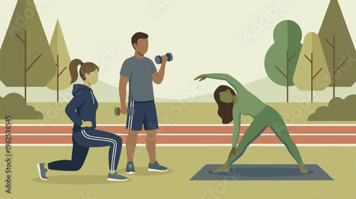 Diverse group of people exercising outdoors in a park setting