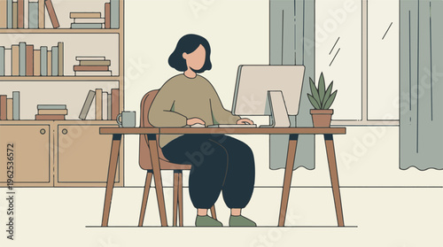 Minimalist illustration of a person working on computer in a home office
