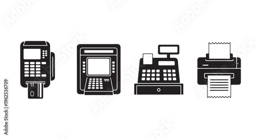 Payment Devices Icon Set with Credit Card Machine, ATM, Cash Register, and Receipt Printer in One Row, Clean Black Flat Silhouettes