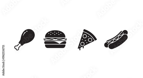 Fast Food Icon Set with Drumstick, Burger, Pizza Slice, and Hotdog in One Row, Minimal Black Silhouettes