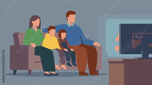 Family with two children watching television together in a cozy living room