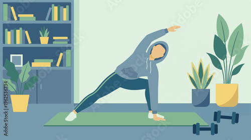 Person doing yoga and stretching exercises at home for a healthy lifestyle