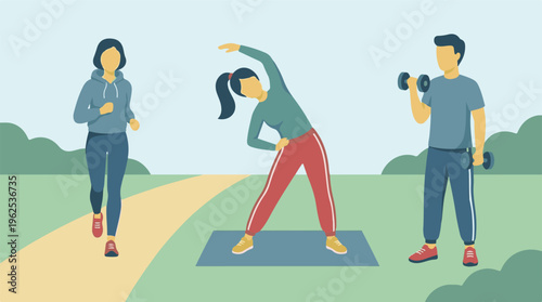 People exercising outdoors: running, stretching, and weightlifting in a park