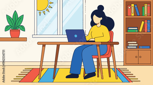 Woman working remotely on laptop at desk in sunlit home office