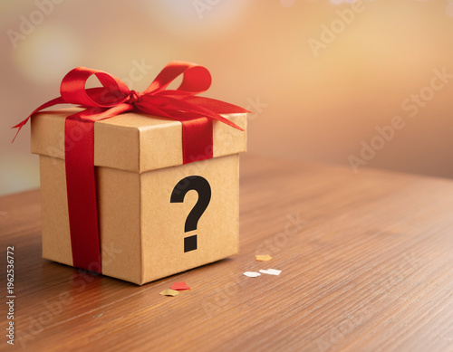 A cardboard gift box with a red ribbon and a question mark symbol on a wooden table, embodying the concept of mystery, surprise, promotion, and a secret offer.