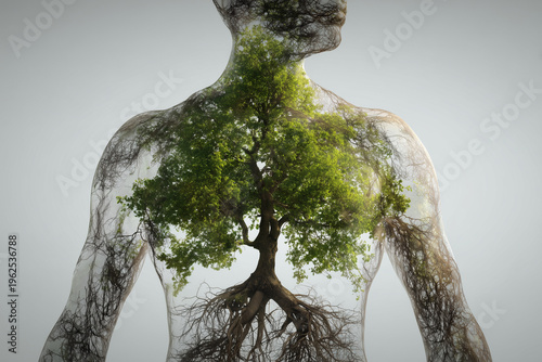 Human body with a tree growing inside on a plain background