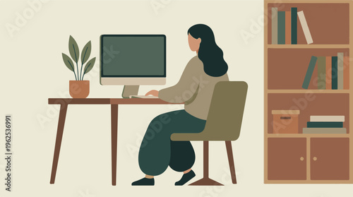 Minimalist illustration of a woman working remotely on computer at home office.