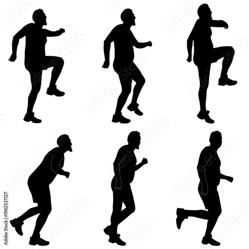 Silhouette of big man jumping, running, worming up. Vector illustration of boy doing fitness exercises and training. Icons of sport poses isolated on white background.
