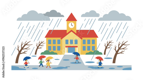 Children with umbrellas walking to school on a rainy autumn day