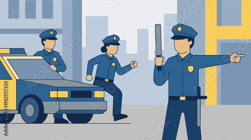 Law enforcement officers and patrol car in urban city street flat illustration