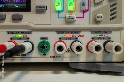 Close-up of electronic test equipment connections