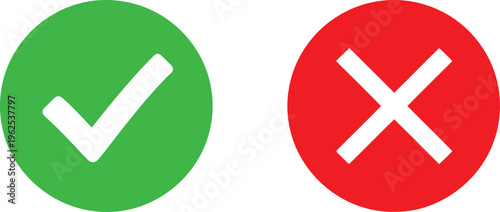 A pair of simple graphic icons representing a green check mark for success and a red cross sign Vector