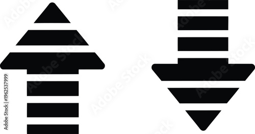 A minimalist graphic design featuring a stylized upward arrow and a downward arrow with stripes Vector