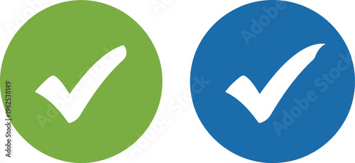 Two circular icons with white check marks featuring a lime green and a royal blue color scheme Vector
