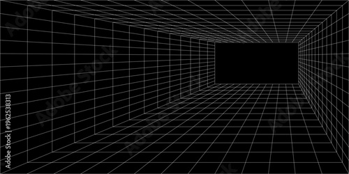 Retro futuristic perspective grid landscape, 80s synthwave wireframe on black background, vector illustration