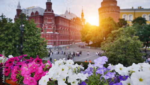 Petunia flowers blooming in front of Red Square architecture during sunset in Moscow