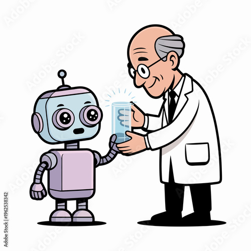 Elderly scientist in white lab coat giving a glass of water to a cute small robot character illustration on a clean white background for science and technology concepts