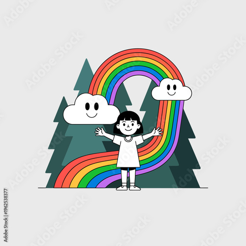 Happy little girl standing with open arms before a vibrant colorful rainbow and smiling clouds in a flat vector illustration style against a dark forest background scene