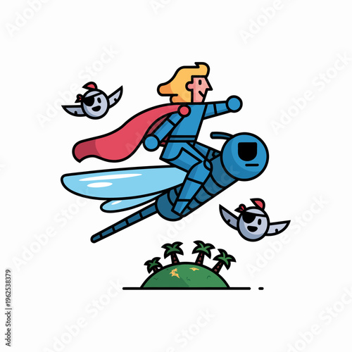 Superhero character riding a giant blue dragonfly with flying sidekicks above a small tropical island featuring palm trees in a playful minimalist vector illustration style