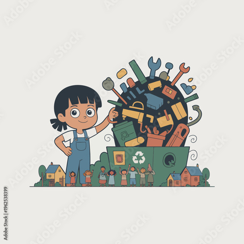 Young girl encouraging recycling and environmental sustainability awareness with community members and various household waste items in a flat vector illustration style design