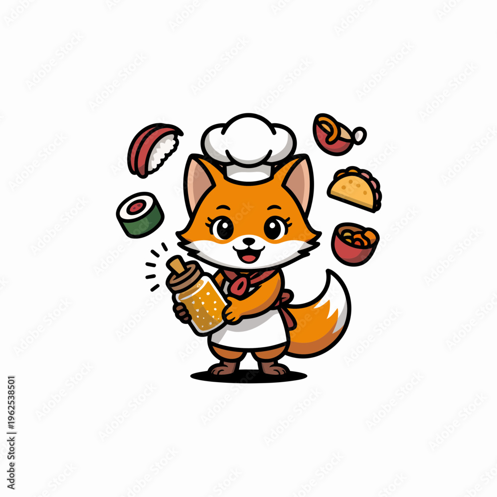 Fototapeta premium Cute cartoon fox chef mascot character wearing a white apron and hat holding a jar of honey surrounded by various delicious asian food items on a clean white background