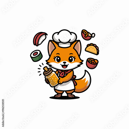Cute cartoon fox chef mascot character wearing a white apron and hat holding a jar of honey surrounded by various delicious asian food items on a clean white background
