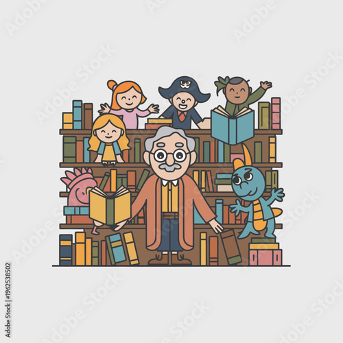 Friendly librarian man teaching diverse happy children and a cute blue monster character around a large wooden bookshelf filled with colorful books in a whimsical cartoon