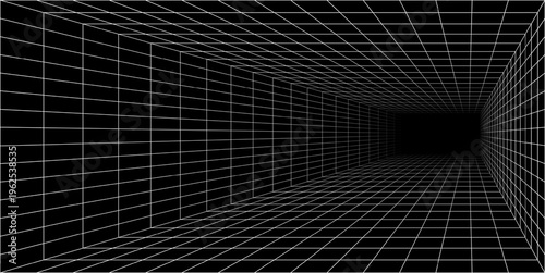 Virtual reality perspective grid landscape, cyber wire frame background in 80s digital style, vector illustration