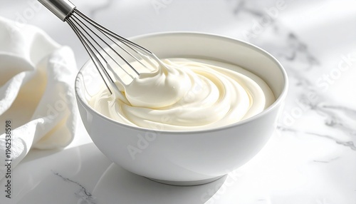 Creamy White Yogurt or Whipped Cream Being Stirred with a Metal Whisk in a White Bowl on Marble Background