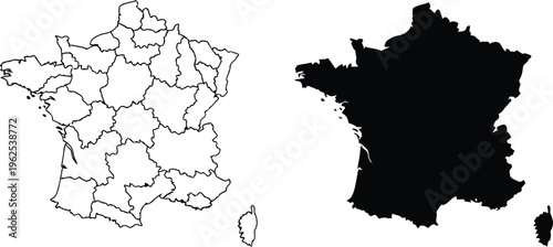 Outline and solid black silhouette maps of france showing the administrative regions of the country Vector