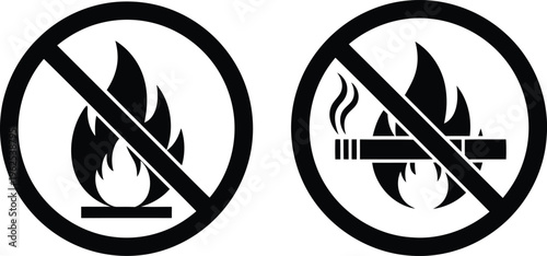 Black and white vector icons indicating no open flame and no smoking allowed in this specific area Vector