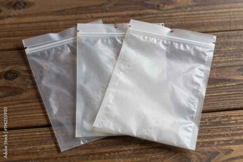 Three Clear Zip Bags on Wood Background