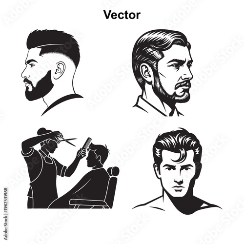 Set of black and white icons representing men grooming styles
