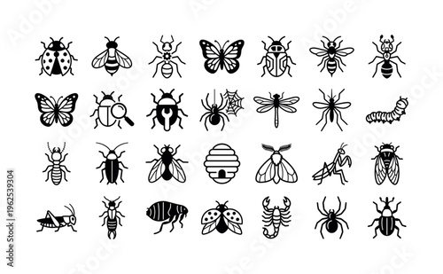 Vector collection of minimalist insect and bug icons. Set includes bee, ant, butterfly, spider. Ideal for pest control branding, science infographics, and web design.