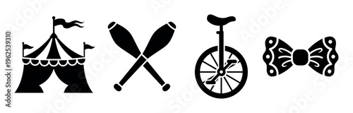 Set of black circus icons. Includes big top tent, juggling clubs, unicycle, and clown bow tie. Vector symbols for funfair, carnival, show, and entertainment design.