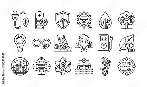 A set of clean line icons representing renewable energy sources and ecology concepts. Perfect for web design, infographics, and presentations on sustainability and green technology.