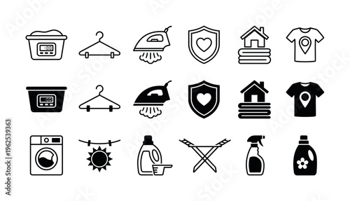 A versatile set of laundry and cleaning icons. Includes washing machine, iron, detergent symbols in line and glyph styles. Perfect for dry cleaning services or household apps.