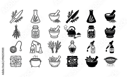 A set of herbal medicine icons for apothecary and natural remedy themes. Includes mortar, pestle, herbs, and potions. Perfect for wellness, magic, or organic branding.