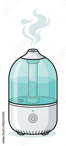 Vector illustration of a modern air humidifier releasing steam. Icon for home appliance, air quality, comfort, and health concepts. Clean and simple design for web or print.