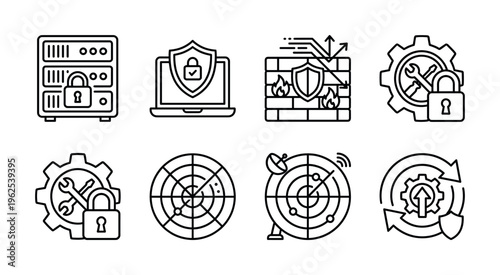 A set of cyber security linear icons. Includes firewall, server protection, antivirus, and monitoring symbols. For web design, infographics and presentations on data safety.