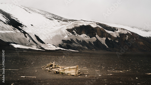 Detailed View of Old Wooden Shipwreck on Black Ash Beach at Whalers Bay Deception Island Antarctica, Historic Polar Whaling Remains
