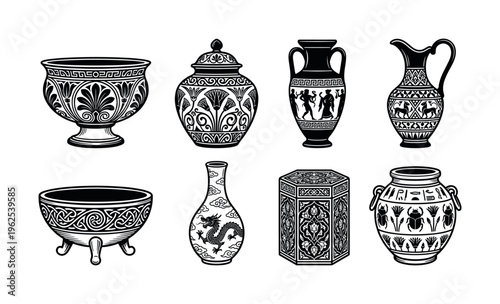A vector set of ancient vases from various cultures. Includes Greek, Egyptian, and Chinese pottery. Perfect for history, museum, or archaeological designs.