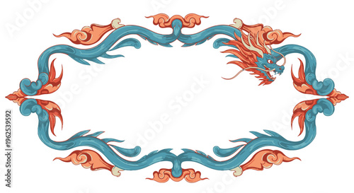 Dragon frame design with blue and orange colors.
