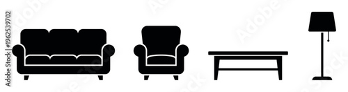 A collection of black silhouette icons for home interior design. Includes a sofa, armchair, table, and lamp. Minimalist vector set for modern living room concepts.