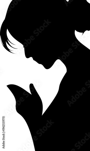 Silhouette of woman praying or meditating, minimalist black vector illustration