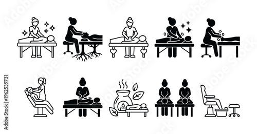 A set of black vector icons showing various spa massage and wellness treatments. Perfect for beauty salon, relaxation, and health care designs.