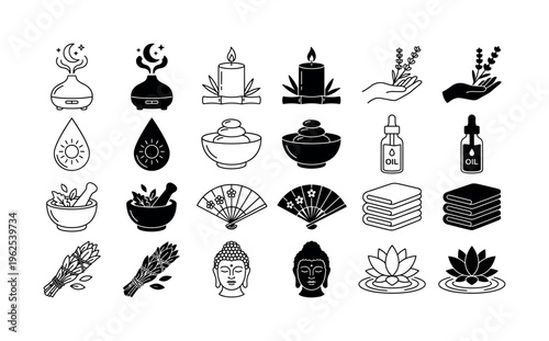 A collection of spa and wellness icons in line and glyph styles. Symbols for aromatherapy, meditation, and relaxation. For beauty branding, yoga studios, and mindful designs.