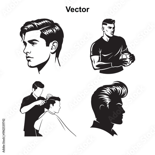 Set of black and white men portraits with stylish haircuts