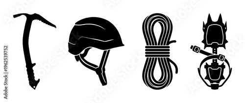A set of mountain climbing gear icons. Black silhouettes of an ice axe, helmet, rope, and crampon. For adventure sports, hiking, and alpinism concepts.