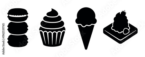 A minimalist set of black dessert icons: macaron, cupcake, ice cream, and cake. Perfect vector illustration for bakery menus, cafe branding, food blogs, or graphic design.
